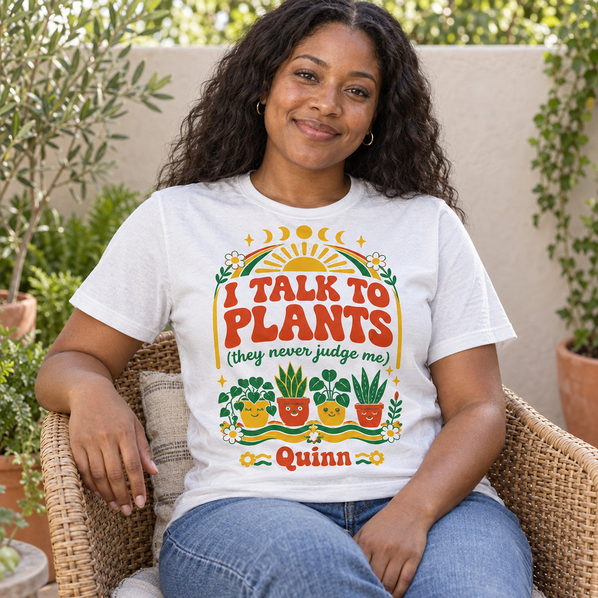 buy I Talk to Plants Personalized Retro Boho Shirt live plant L online, striking vintage-inspired design with groovy retro boho flair and plant motifs, relaxed comfortable silhouette perfect for layering or standalone wear, thoughtful plant parent apparel expressing botanical passion and green living values, durable quality fabric built for frequent wear and washing, beautiful casual style for plant lovers and nature enthusiasts, memorable personalized gift celebrating indoor gardening hobbies