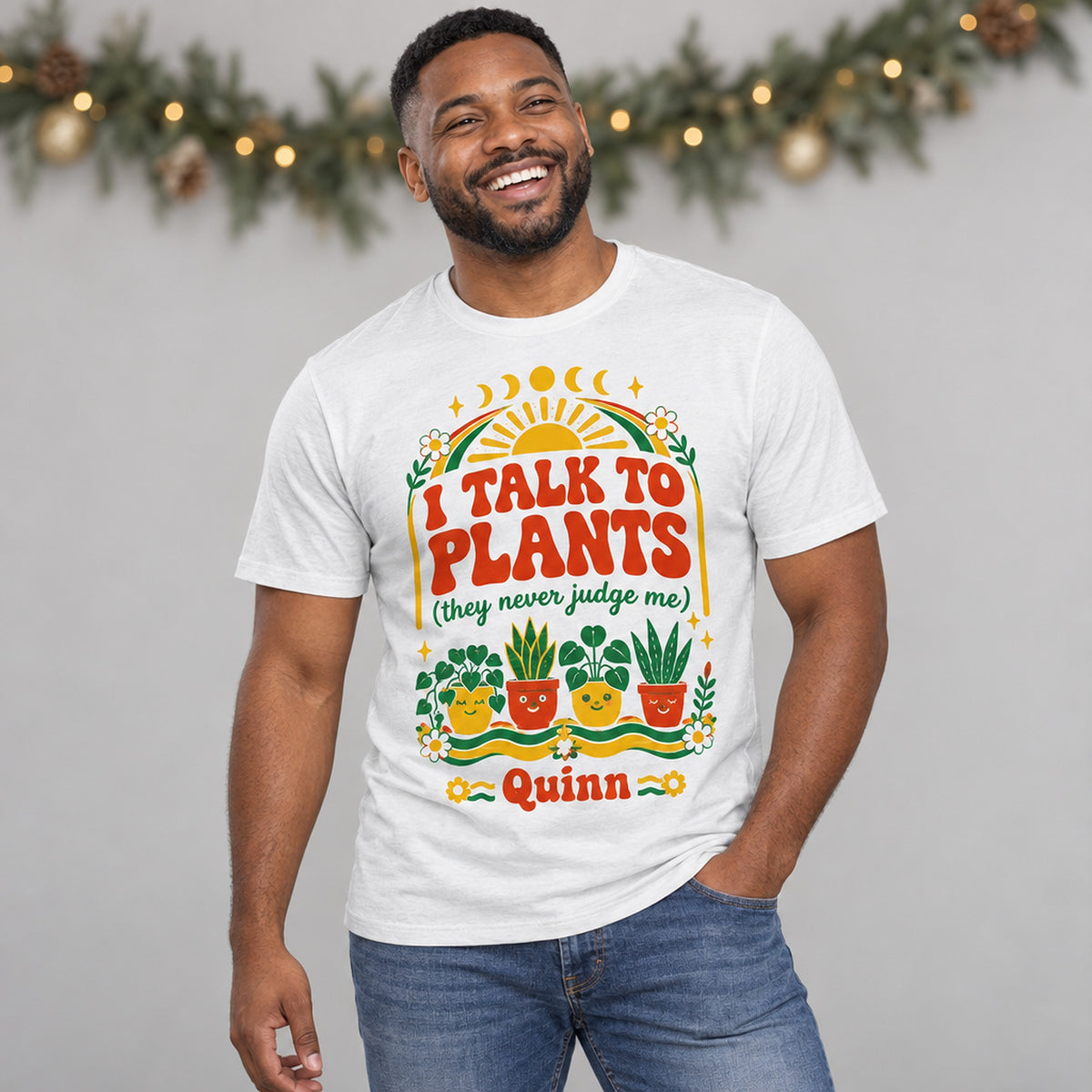 M I Talk to Plants Personalized Retro Boho Shirt live plant for sale, charming retro botanical illustration with warm nostalgic color palette, lightweight breathable material with classic boho styling elements, expressive plant parent fashion statement for garden enthusiasts, versatile everyday shirt celebrating your love of houseplants, stunning casual wardrobe staple for plant-themed outfits, meaningful personalized gift for green thumb friends