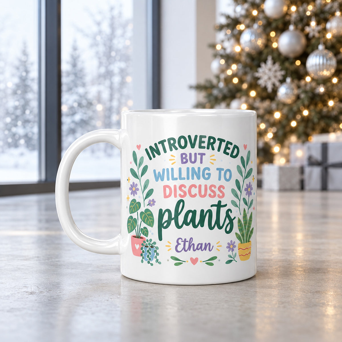 15 oz introverted plant lover personalized mug colorful floral design for sale, artistic floral composition featuring blooming flowers with naturalistic color gradients and foliage accents, premium ceramic construction with heat-resistant glazed finish, versatile drinkware for coffee tea cocoa or home beverage enjoyment, beautiful shelf display for plant lovers, special personalized gift for introverted gardeners and botanical collectors