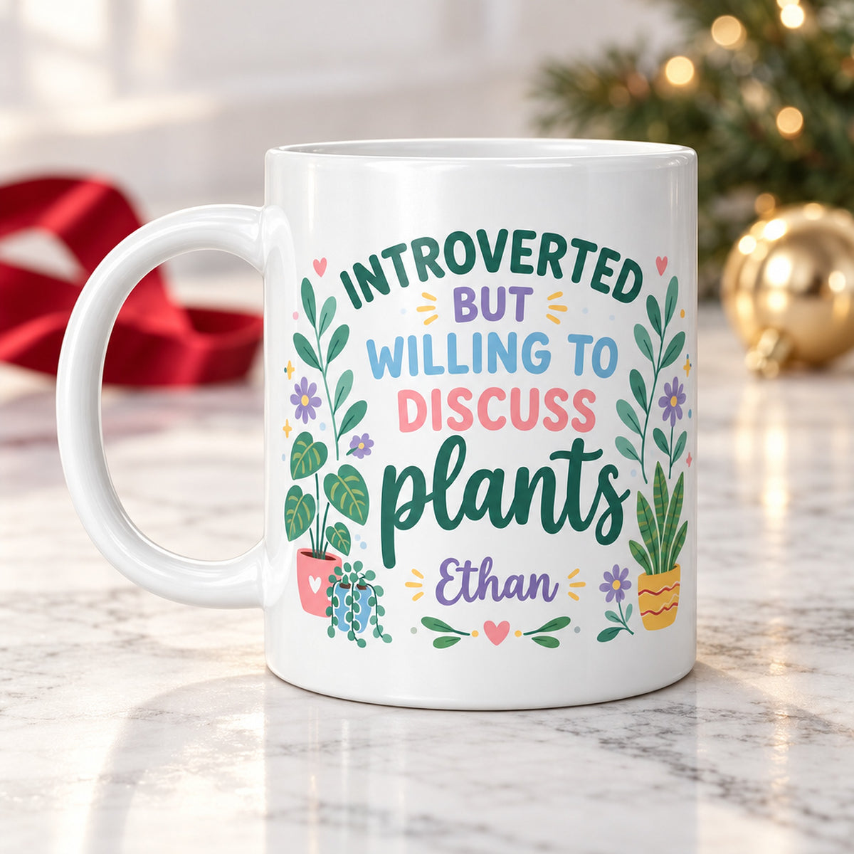 buy introverted plant lover personalized mug colorful floral design 11 oz online, vibrant hand-painted botanical florals with cheerful petals and green foliage, ceramic coffee mug with glossy finish, perfect for tea and coffee lovers, ideal cozy morning beverage companion, charming kitchen countertop accent, thoughtful gift for introverts who love plants