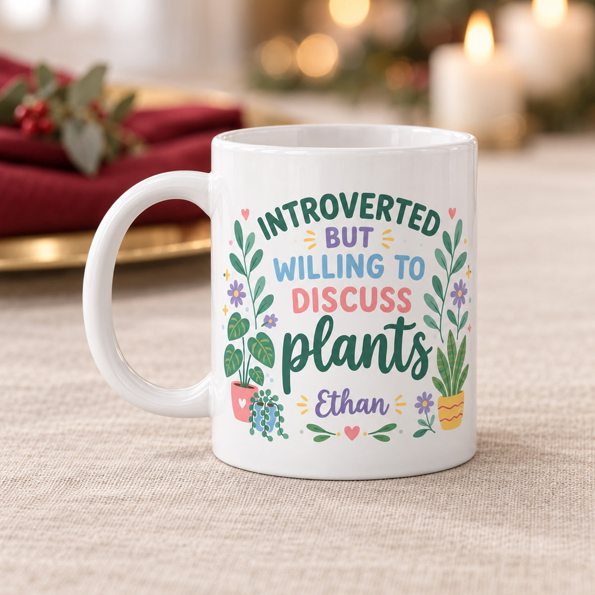 15 oz introverted plant lover personalized mug colorful floral design for sale, bright multicolored floral pattern with detailed leaf illustrations and nature-inspired artwork, durable ceramic construction with comfortable handle grip, suitable for daily use at home or office, generous capacity for hot and cold beverages, lovely desk plant lover display, unique personalized gift idea for botanical enthusiasts