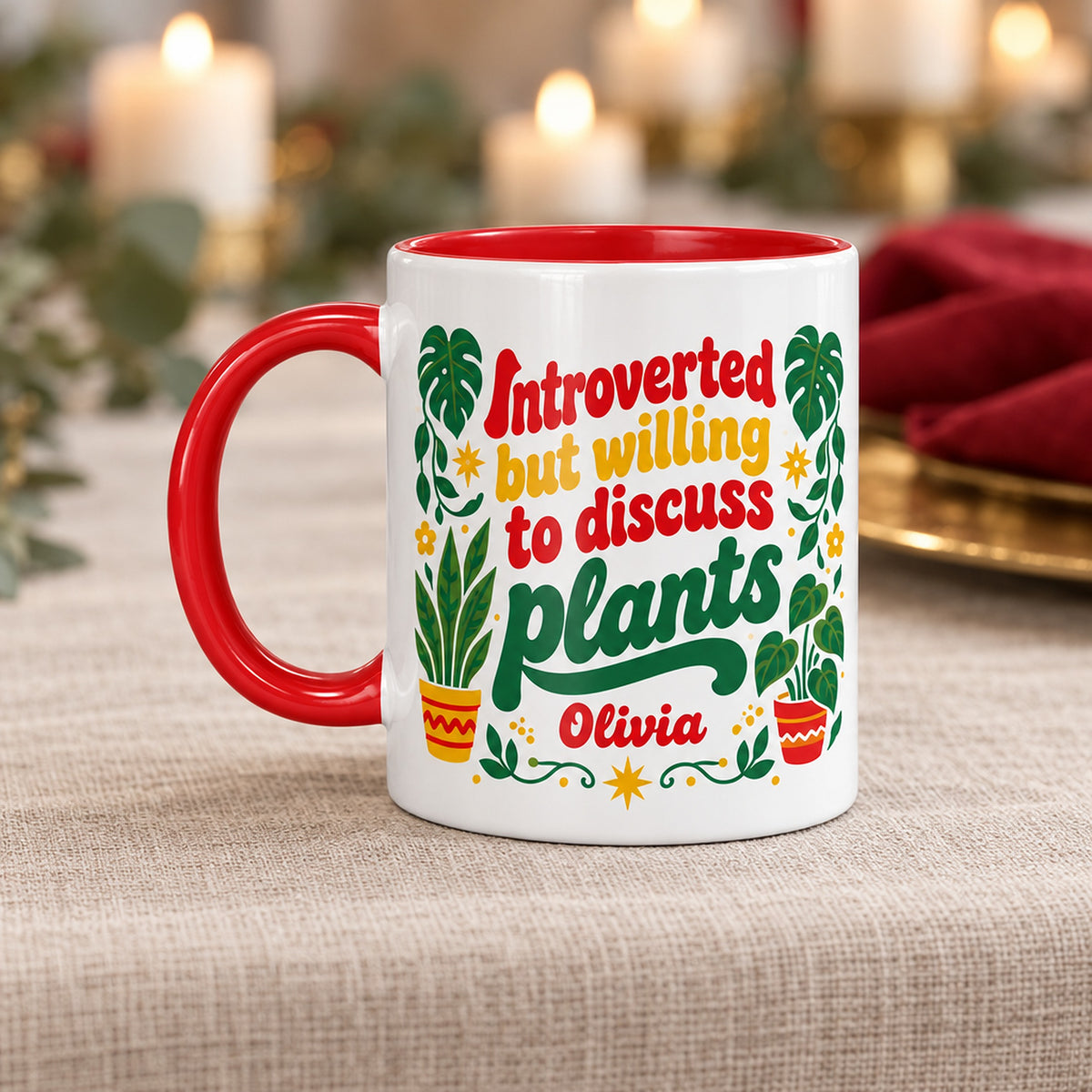 15 oz introverted plant lover personalized mug retro 70s design for sale, spacious ceramic mug featuring nostalgic retro plant imagery with authentic 70s color scheme, generous capacity for extended beverage enjoyment, premium quality drinkware for plant-loving personalities, complements eclectic home or workspace decor, special personalized gift for introverts who love plants