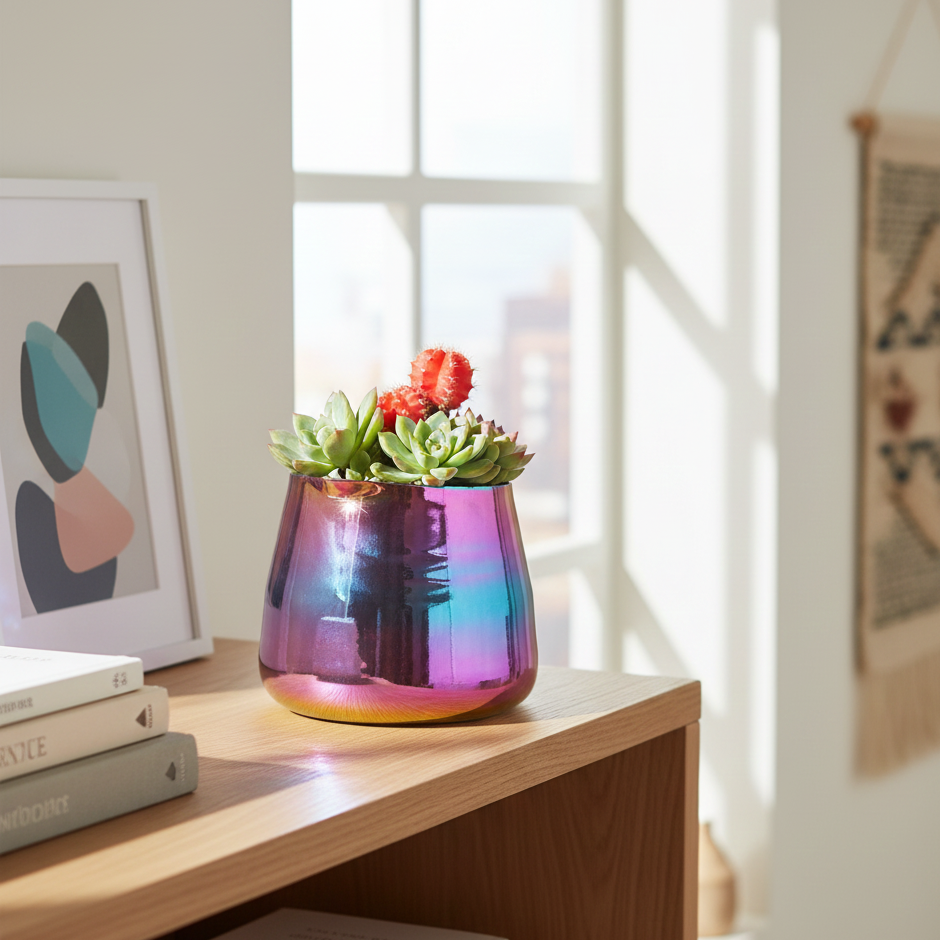 Iridescent Tegan Pot for sale, 4.5" Artisanal Stoneware Flower &amp; Succulent Planter, Modern Succulent Pot