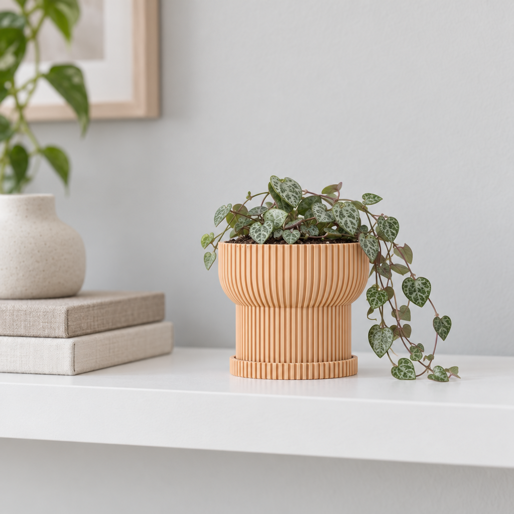 buy Japandi Ribbed Plant Pot modern ceramic online, Japandi ribbed texture, delicate pink hue, minimalist design, 4-inch diameter, perfect for succulents and small plants, beautiful housewarming gift