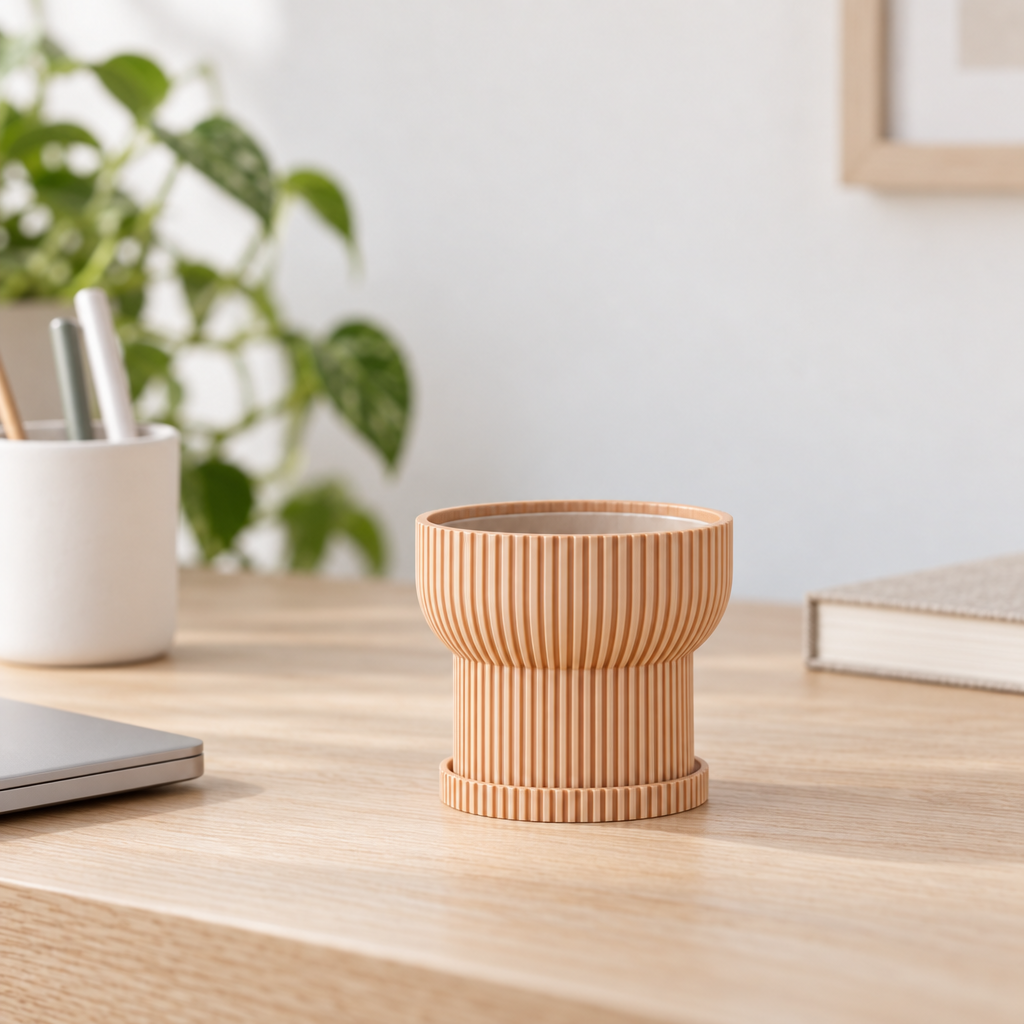 modern ceramic Japandi Ribbed Plant Pot for sale, ribbed ceramic planter, earthy orange shade, contemporary aesthetic, 6-inch height and width, ideal for displaying medium-sized foliage, thoughtful present for plant enthusiasts