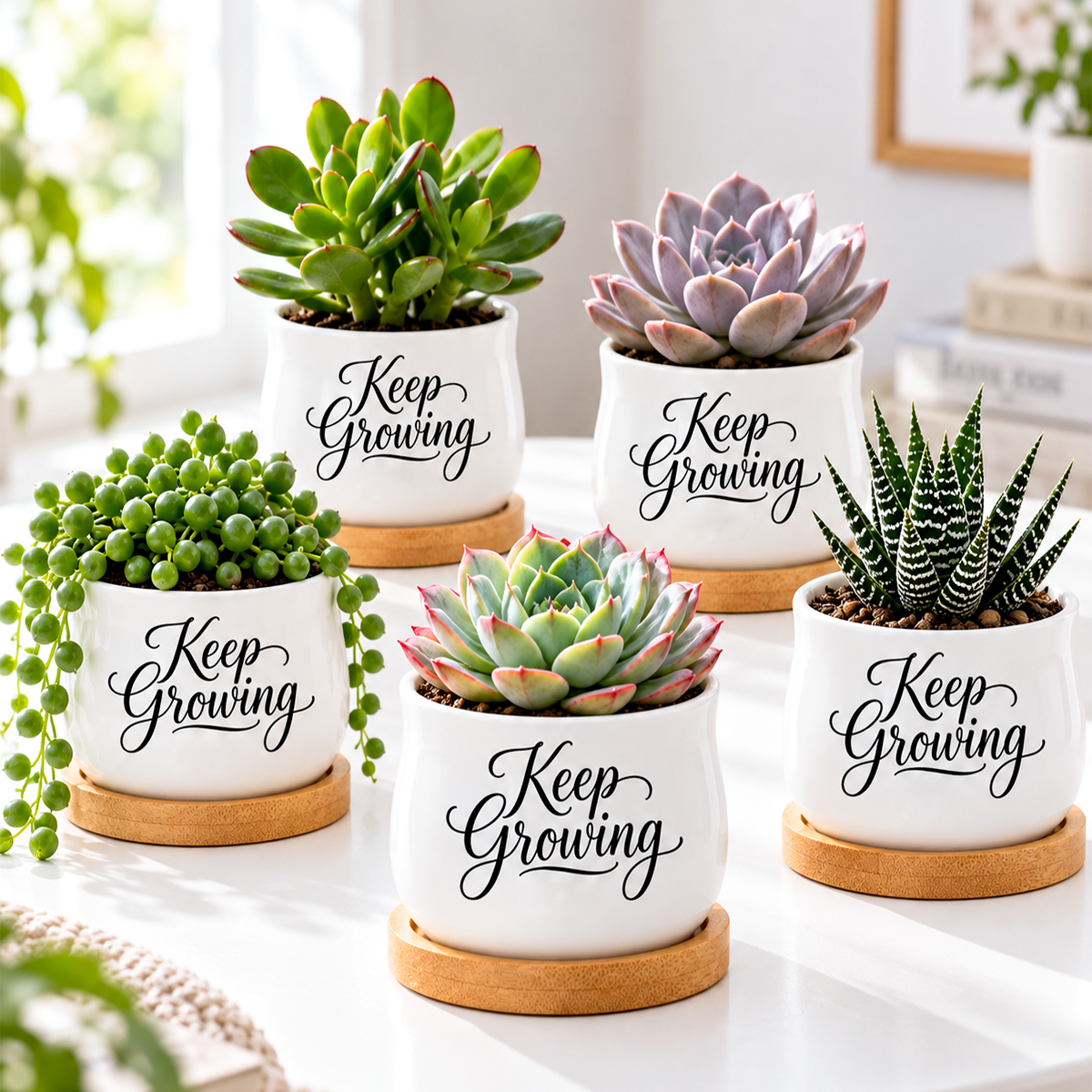 buy Pack of Succulent Pot - Keep Growing online, white ceramic barrel-shaped mini pot with natural bamboo drainage tray, drainage hole bottom, keep growing motivational design, perfect for desk display or gift