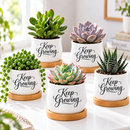 buy white ceramic keep growing pot online, tiny glazed planter with bamboo base tray, versatile miniature container for candles and botanicals, perfect present for gardening enthusiasts