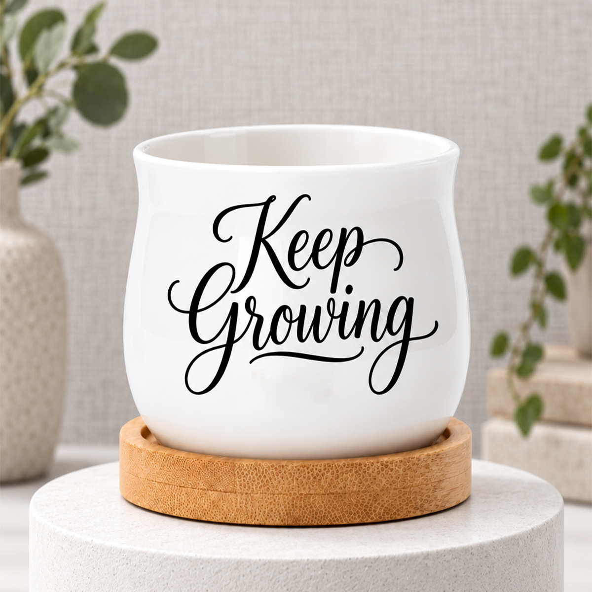 barrel-style white ceramic mini pot for sale, compact 2.6 inch wide planter with functional drainage hole, natural wood tray included, ideal for small décor displays and gift-giving