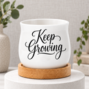 buy white ceramic keep growing pot online, tiny glazed planter with bamboo base tray, versatile miniature container for candles and botanicals, perfect present for gardening enthusiasts