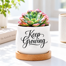 buy white ceramic keep growing pot online, tiny glazed planter with bamboo base tray, versatile miniature container for candles and botanicals, perfect present for gardening enthusiasts
