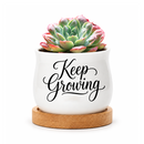 buy white ceramic keep growing pot online, tiny glazed planter with bamboo base tray, versatile miniature container for candles and botanicals, perfect present for gardening enthusiasts