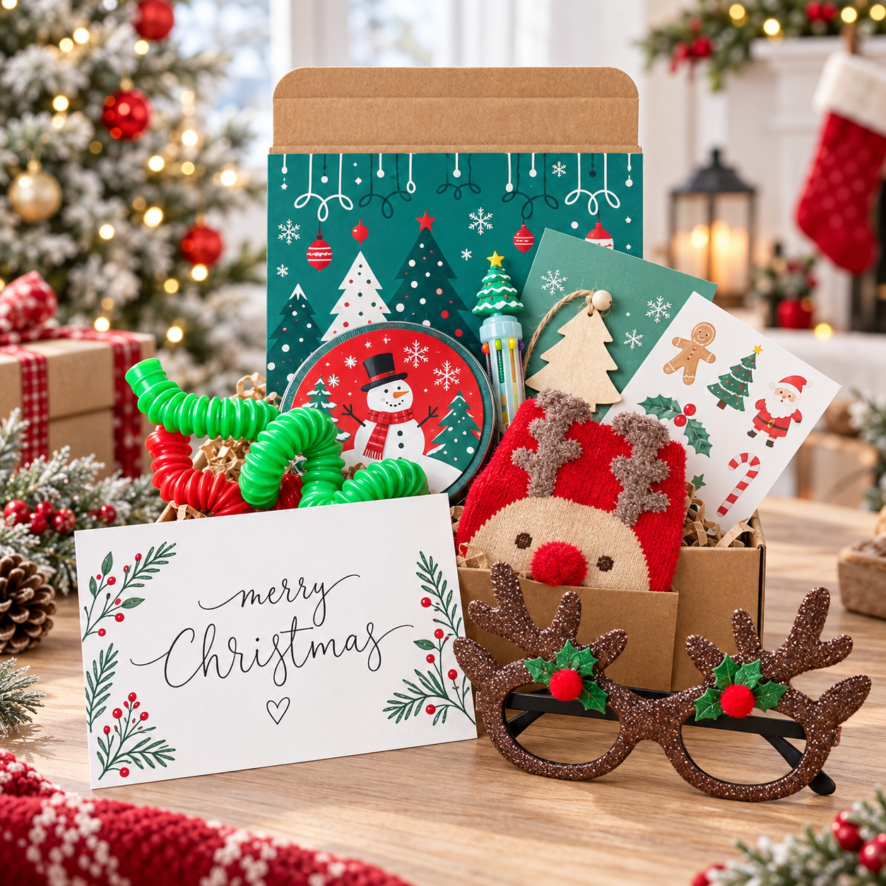 colorful kids christmas gift box displayed flat lay showing cozy character socks, festive reindeer glasses, fidget toys, holiday activity pages, temporary tattoos, and handwritten gift card on cream background with warm holiday lighting