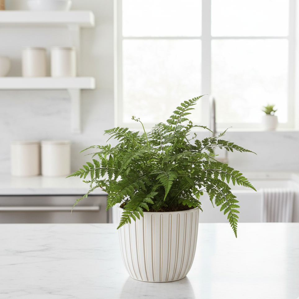 4-inch Korean Rock Fern (Polystichum tsus-simense) in a white ceramic pot
