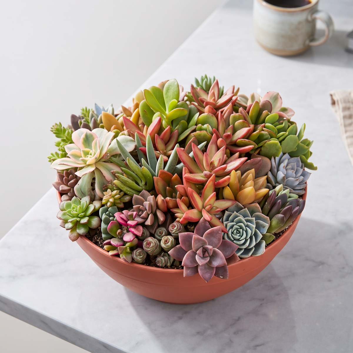 Buy Large 10" Round Terra Cotta Succulent Arrangement online. A beautiful mix of live succulents arranged in a 10-inch round terra cotta planter, perfect as a natural centerpiece.