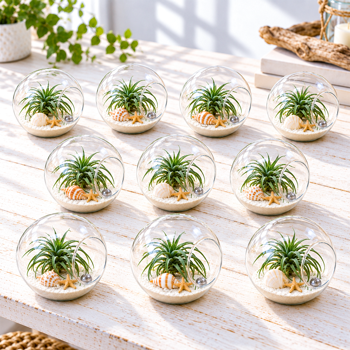 ten glass beach terrariums arranged in a display, each containing a live tillandsia air plant nestled in white sand, with clear glass vessels showing the minimalist coastal aesthetic