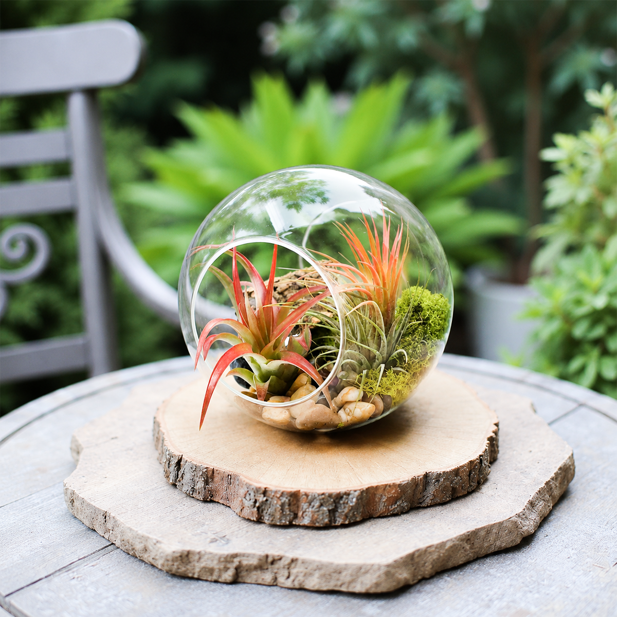DIY Large Globe Air Plant Terrarium Kit for sale, minimalist home decor terrarium, air plant kit for beginners, contemporary hanging succulent decor, tropical tillandsia terrarium arrangement, glass globe planter with moss and stones, stylish indoor plant decor