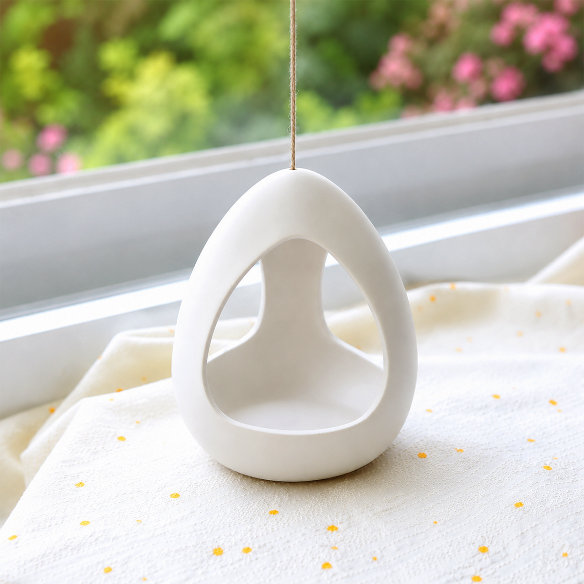 buy white ceramic hanging pod live air plant 4 inch online, delicate trailing stems with soft green foliage, prefers bright indirect light away from harsh south-facing windows, requires regular rotation for balanced symmetrical growth, sensitive to direct air currents from ac and heating vents, thrives in humid kitchen environments near moisture sources, elegant hanging planter display for modern living spaces, thoughtful air plant gift idea for home gardeners