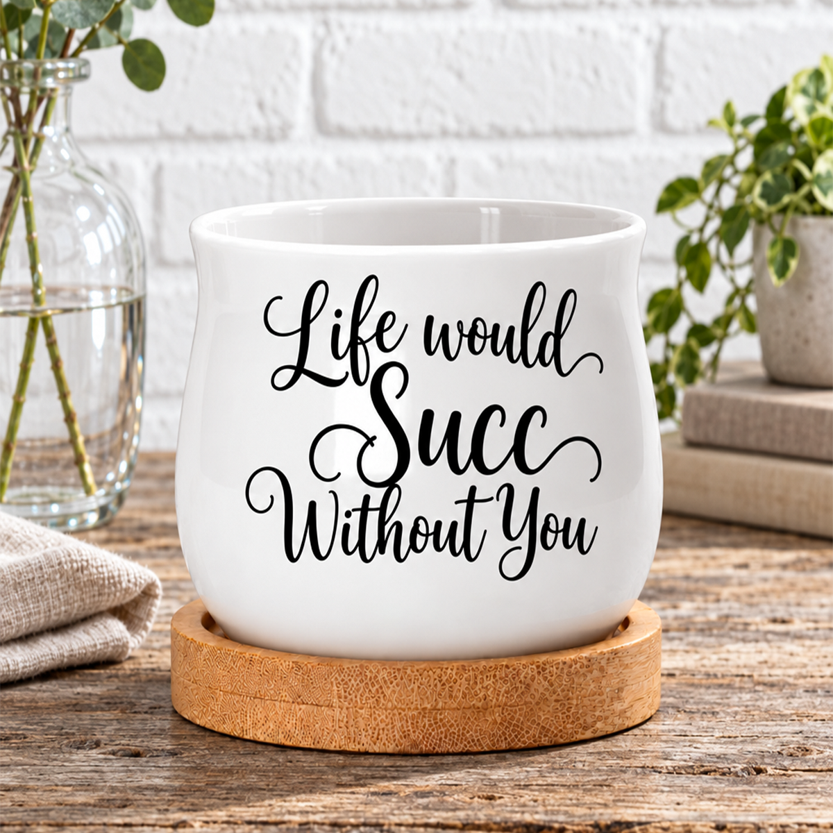 ceramic succulent pot life would succ without you for sale; compact 2.6 inch white barrel-shaped planter with humorous text; features drainage hole and matching bamboo catch tray; works great for tea lights or dried flowers; makes a thoughtful gift