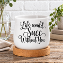 buy white life would succ without you succulent pot online; glazed ceramic mini pot with curved design and printed saying; natural wood bamboo tray included for water protection; compact size perfect for desks or shelves; fun present for gardeners and plant enthusiasts