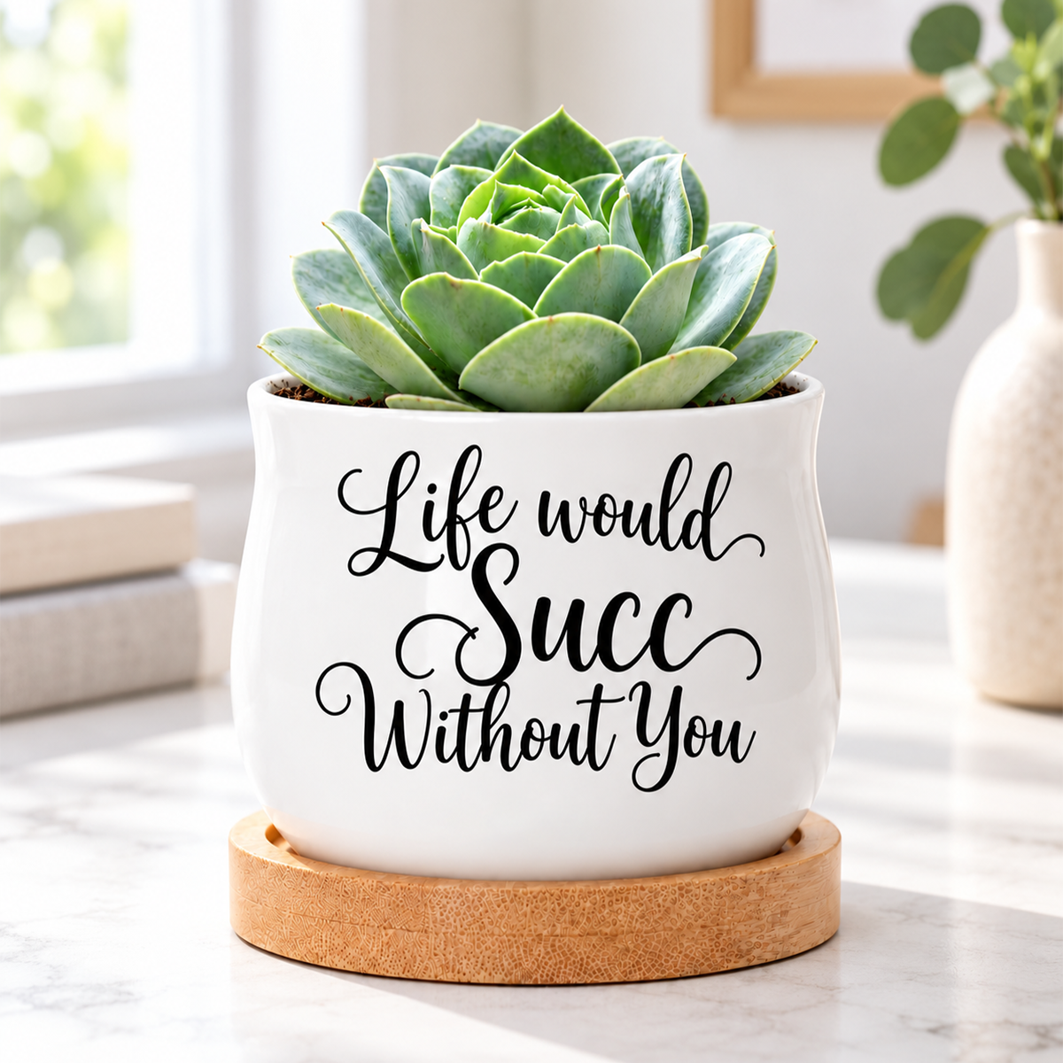 buy succulent pot life would succ without you online; white glazed ceramic barrel style mini planter with funny design; includes natural bamboo drainage tray; ideal for small succulents or decorative display; perfect gift for plant lovers