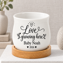 buy personalized succulent pot for baby shower favor - love growing here online, white ceramic pot with functional drainage hole, includes coordinating bamboo tray base, holds tea lights or small dried flowers, personalized with baby details, thoughtful keepsake for baby celebrations