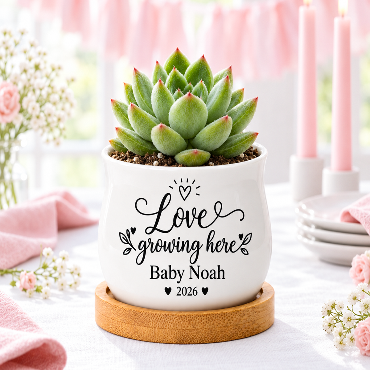 buy personalized succulent pot for baby shower favor - love growing here online, white glazed ceramic barrel shape, includes bamboo drainage tray, custom printed with baby name and date, ideal for small succulents or decorative displays, sweet baby announcement keepsake gift