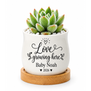 buy personalized succulent pot for baby shower favor - love growing here online, white ceramic pot with functional drainage hole, includes coordinating bamboo tray base, holds tea lights or small dried flowers, personalized with baby details, thoughtful keepsake for baby celebrations