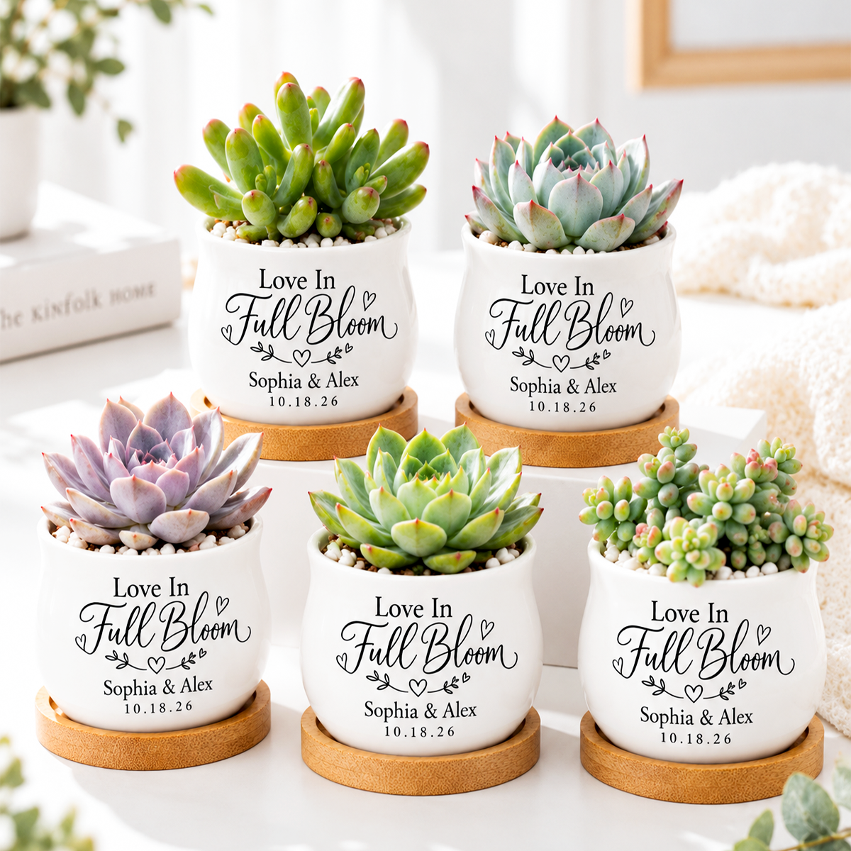 buy Pack of Personalized Succulent Pot for Wedding favor - Love In Full Bloom online, white glazed ceramic barrel style, includes natural bamboo drainage tray, custom printed couple names and wedding date, ideal favor keepsake or table accent