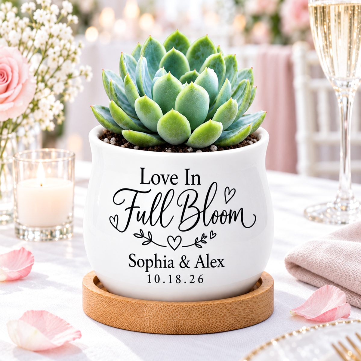 buy personalized succulent pot for wedding favor - love in full bloom online, small decorative planter pot without succulent, holds candles or dried flowers, charming wedding favor design