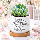 personalized ceramic mini pot for wedding favor - love in full bloom for sale, white curved planter with custom names, complete with bamboo drainage base, thoughtful guest gift option