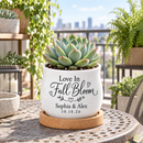 personalized ceramic mini pot for wedding favor - love in full bloom for sale, white curved planter with custom names, complete with bamboo drainage base, thoughtful guest gift option
