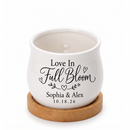 personalized ceramic mini pot for wedding favor - love in full bloom for sale, white curved planter with custom names, complete with bamboo drainage base, thoughtful guest gift option