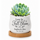 personalized ceramic mini pot for wedding favor - love in full bloom for sale, white curved planter with custom names, complete with bamboo drainage base, thoughtful guest gift option