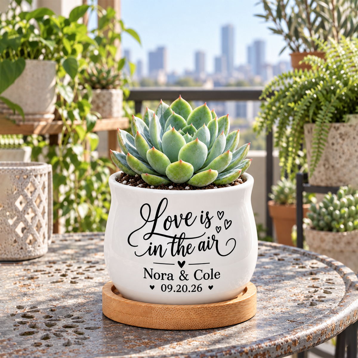 buy Personalized Succulent Pot for Wedding favor - Love Is In The Air online, white glazed ceramic barrel shape, includes natural bamboo tray, custom printed couple names and date, wedding keepsake gift