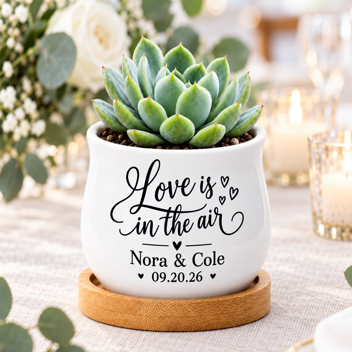 elegant personalized ceramic pot for wedding favor - love is in the air for sale, miniature size with drainage hole, romantic printed design, paired with bamboo saucer, perfect guest favor