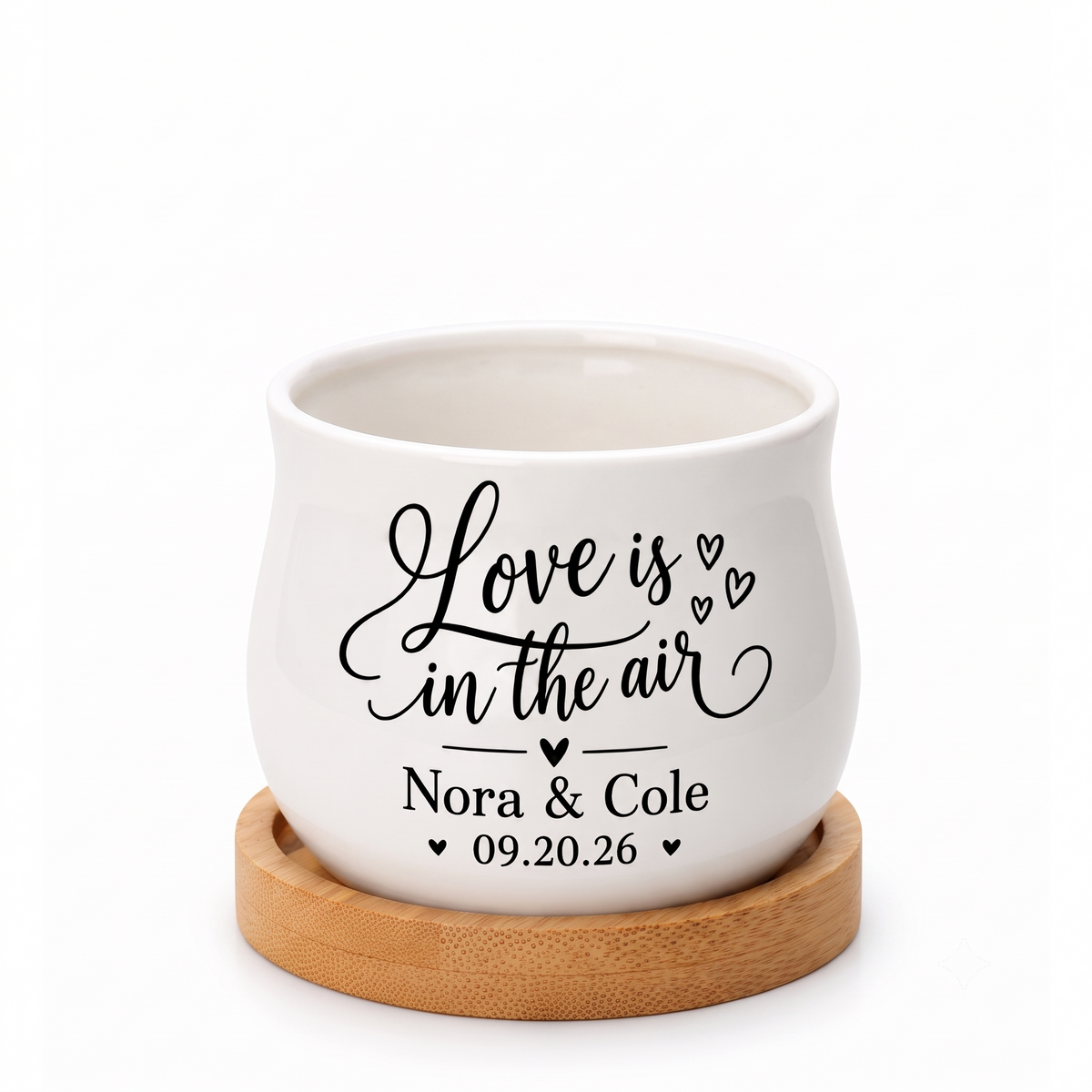 charming personalized ceramic wedding favor pot for sale, versatile mini planter for candles or botanicals, custom names and date printed, includes natural wood drainage tray, couple keepsake