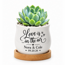 charming personalized ceramic wedding favor pot for sale, versatile mini planter for candles or botanicals, custom names and date printed, includes natural wood drainage tray, couple keepsake