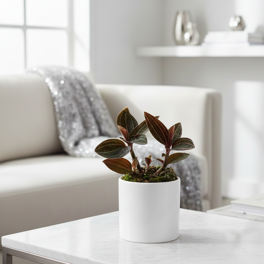 Ludisia Discolor Jewel Orchid Live Plant in decorative pot, Stunning Velvety Foliage Houseplant for Home Decoration, orchid with striped veins, black orchid