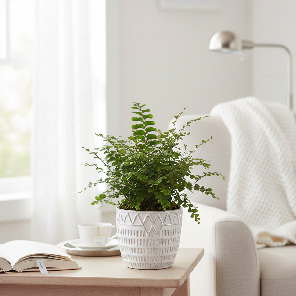 Lush Mahogany Fern in decorative pot displayed on a wooden side table in a bright living room, demonstrating its full, tree-like growth and easy tropical appeal.