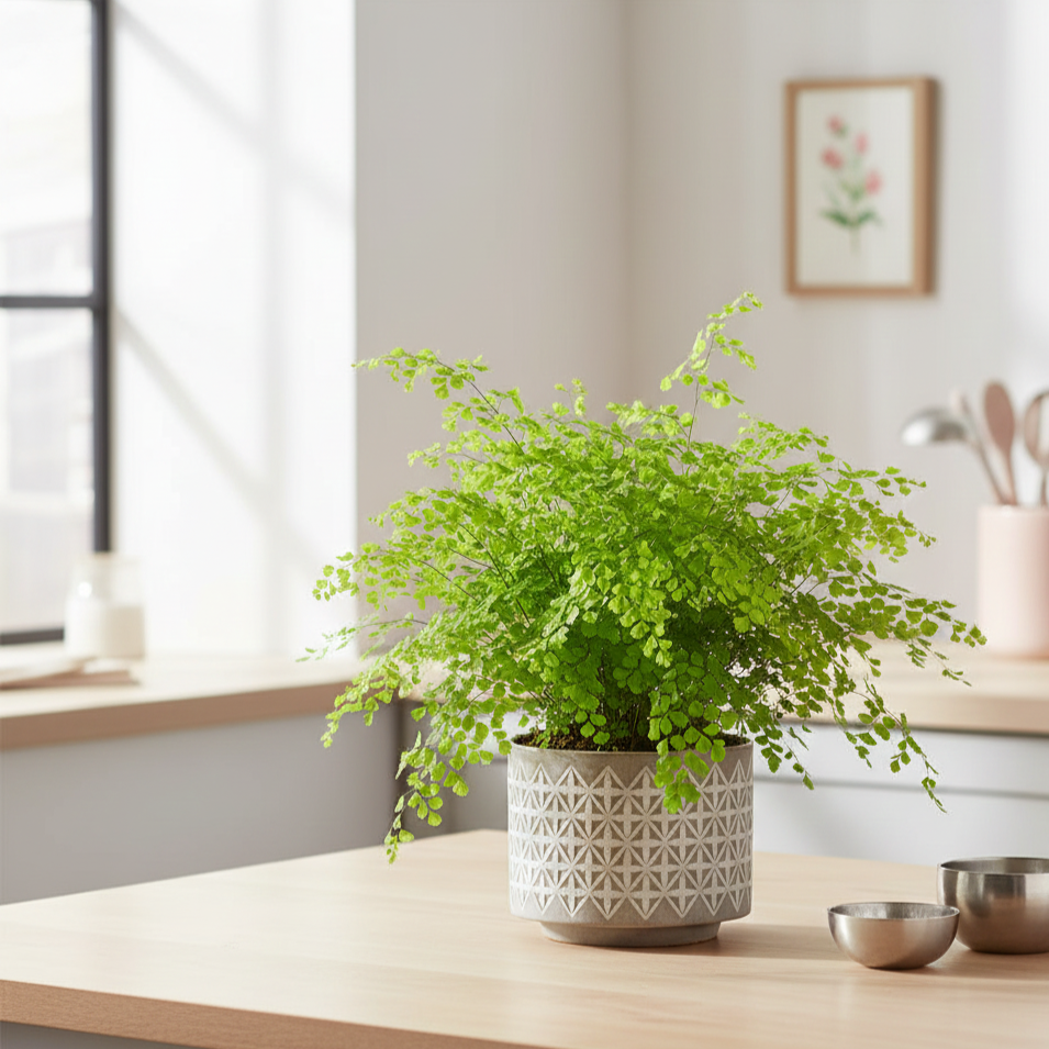 Maidenhair Fern (Adiantum capillus-veneris) in a decorative pot, showing its vibrant green, delicate, fan-shaped foliage