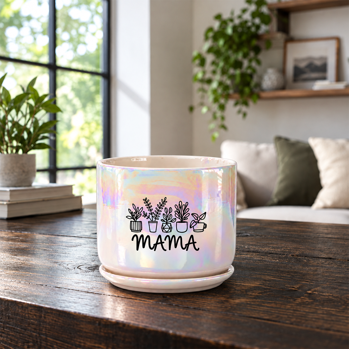 An iridescent ceramic planter pot with a matching saucer sits on a dark wooden table in a cozy living room setting. The pot features a black graphic of potted plants and the word 'MAMA' printed on the front.