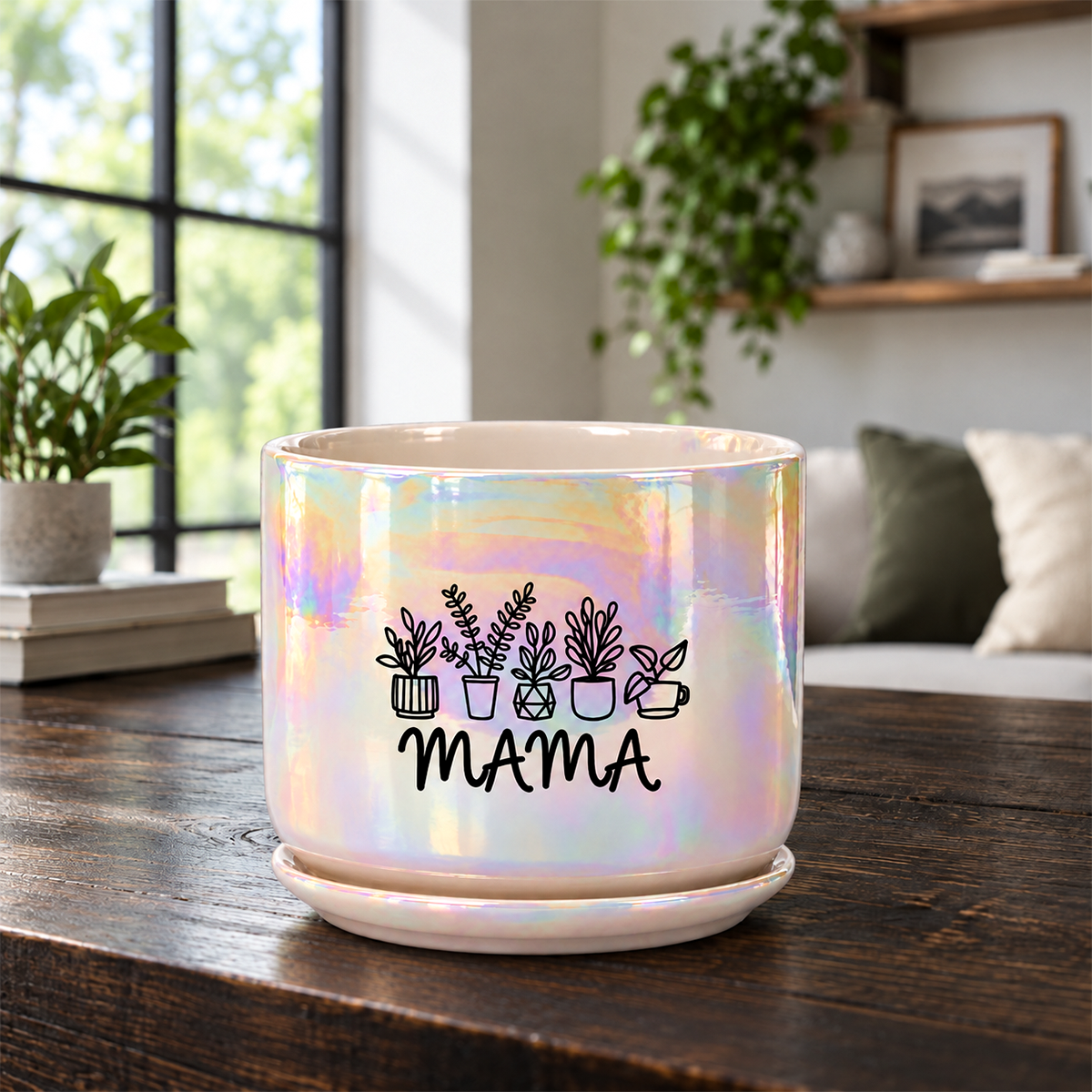 An iridescent ceramic planter pot with a matching saucer, featuring a black graphic of potted plants and the word 'MAMA', displayed on a wooden table in a cozy living room setting.