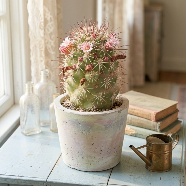 buy mammillaria fraileana live cactus 4 inch online, cylindrical grey-green stem with hooked dark brown central spines and white radial spines, slow-growing clustering cactus, light pink crown flowers with dark pink midveins, drought tolerant