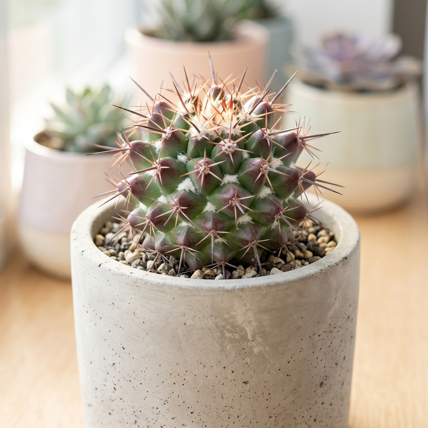 buy mammillaria grusonii f. papasquiarensis live cactus 2 inch online, globose green form with crimson coloring, dark spine armament, bumpy tuberculated surface, drought tolerant care, perfect architectural desk accent, unique collector specimen gift