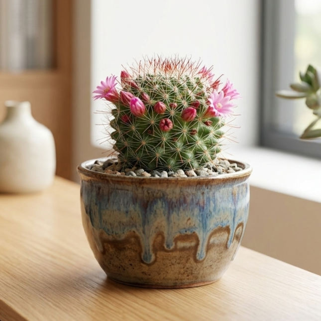 buy mammillaria zeilmanniana live cactus 4 inch online, globular green body with white radial spines, hooked central brown spines, prolific pink flowering crown, compact desktop display, perfect flowering cactus gift