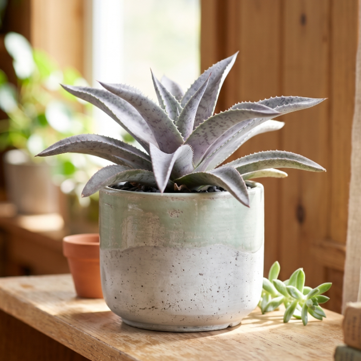 Mangave Silver Fox 1.5 inch plug for sale, Mangave Silver Fox rare agave hybrid with frosty matte leaf texture, Mangave Silver Fox aesthetic succulent for shelf windowsill home styling