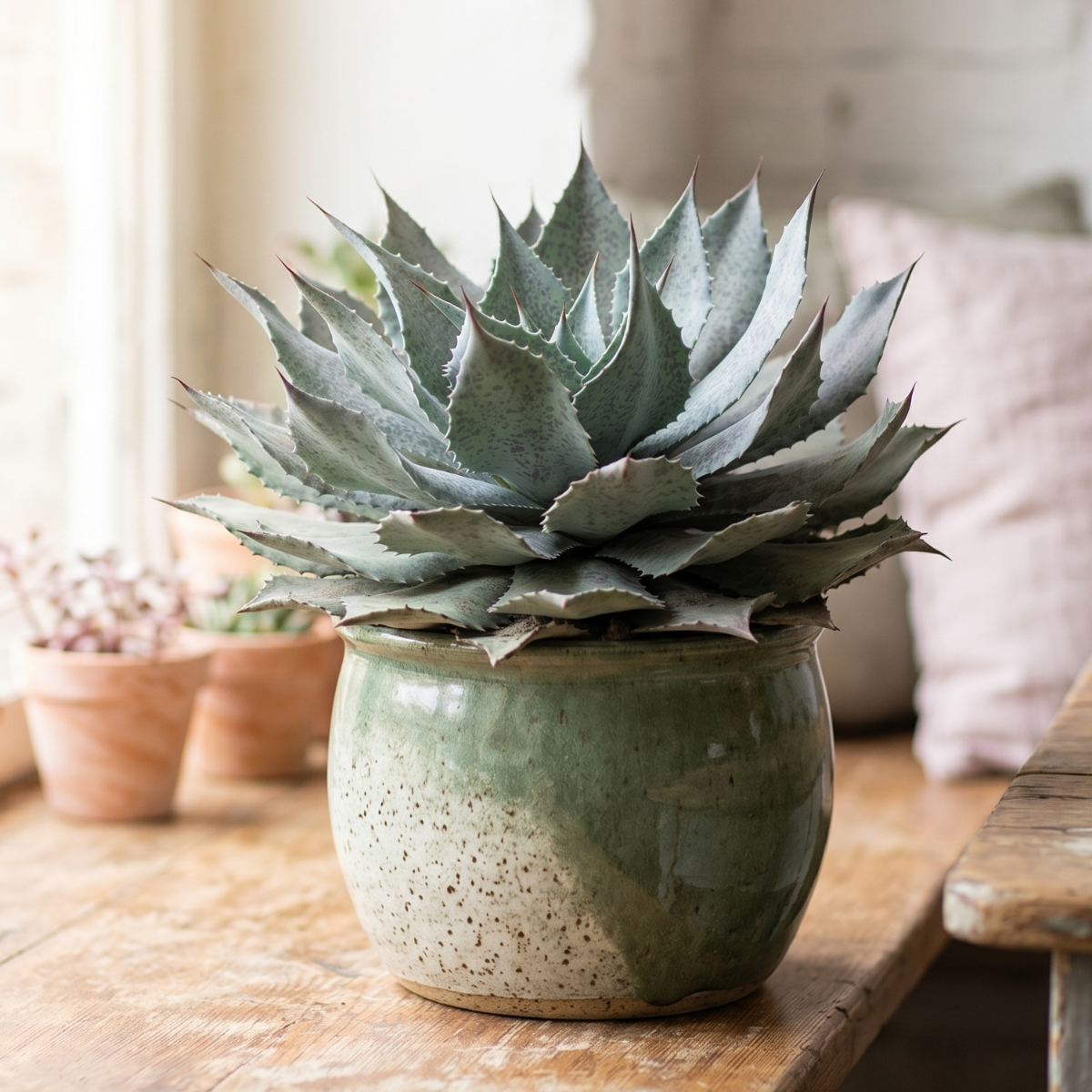 Buy 1.5 inch Mangave 'Sponge Paint' plug online, Mangave Sponge Paint rare succulent plant for collectors and design enthusiasts, Mangave Sponge Paint colorful succulent with green and burgundy speckles statement plant