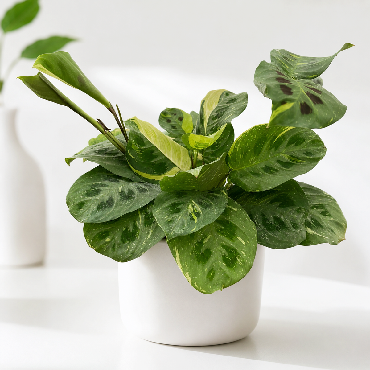 buy 4 inch Maranta Variegated 'Beauty Kim' online, decorative potted Maranta plant, air purifying indoor plant, pet friendly houseplant, unique patterned foliage plant, nursery grown tropical plant, indoor jungle plant collection