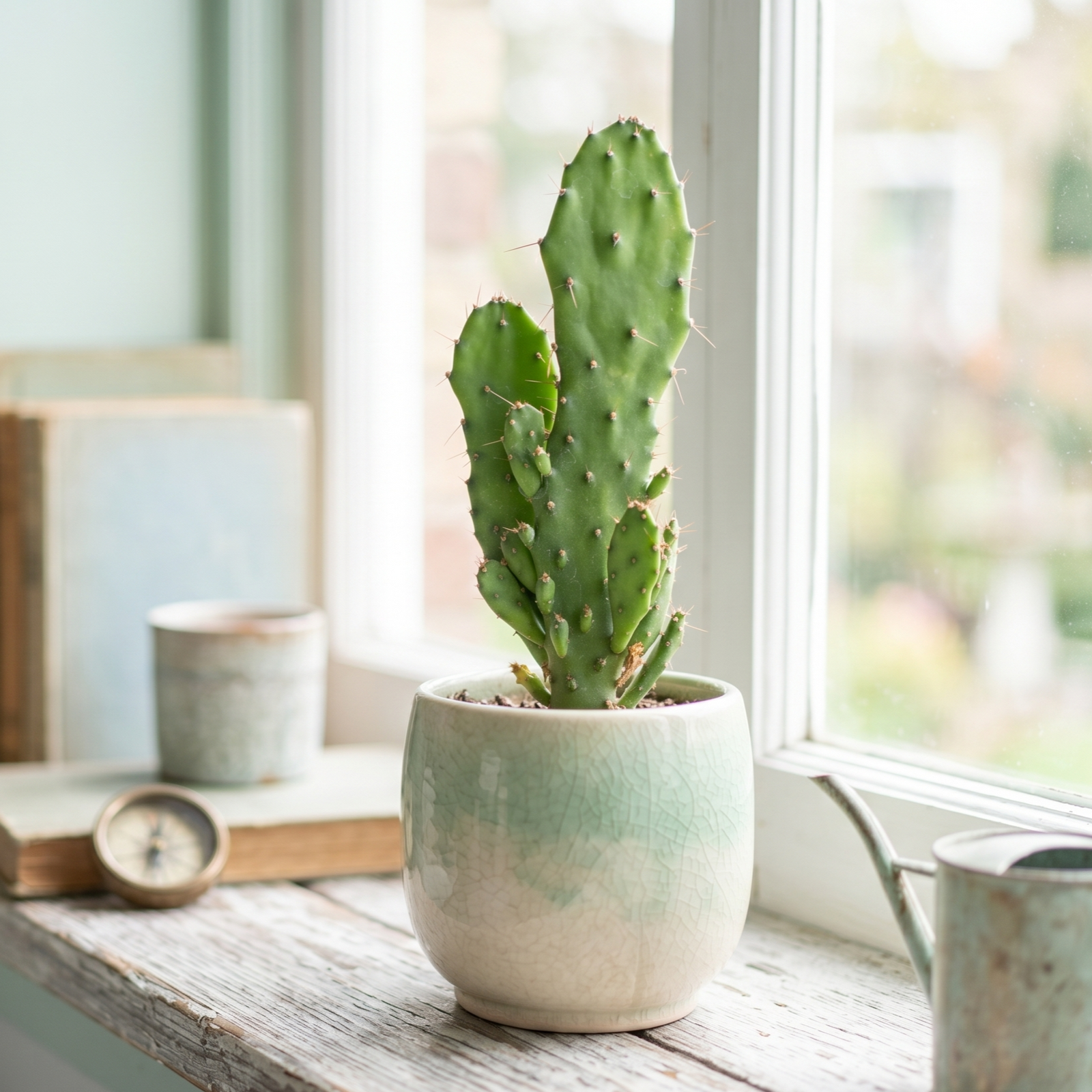 buy maverick cuttings live succulent 5-6 inch online, monstrose prickly pear with green variegated paddle-shaped pads, bumpy textured surface with barbed glochids, upright branching growth habit, drought tolerant and full sun loving, bold architectur