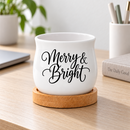 buy mini ceramic Succulent Pot - Merry &amp; Bright online, glazed white finish with cheerful seasonal design, compact size, comes with matching bamboo tray, great for plant lovers and home decorators